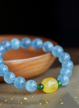 海蓝宝单圈8/10mm手链DIY手串男女款搭配原矿蜜蜡饰品手链小清新