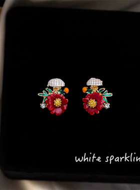 艺术气息滴釉花朵耳钉女法式油画感温柔优雅红色小花设计感耳饰品