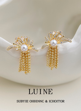 微镶锆石时尚高级感烟花流苏S925银针新款耳环女小众设计创意耳饰