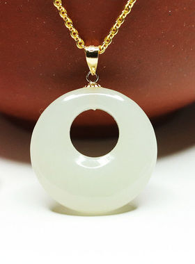 18K金镶天然和田玉吊坠白玉公主扣平安扣项链玉石礼物饰品高级感