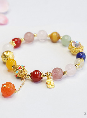 天然多宝水晶手链草莓晶粉晶手串国潮珠宝吞金兽金发晶高级感