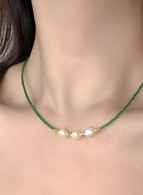 天然珍珠项链绿色猫眼石天然巴洛克淡水珍珠项链锁骨链配饰