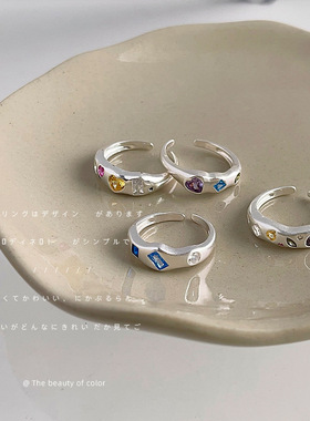 微镶锆石镀银做旧感开口可调节复古简约戒指食指戒个性潮ins指环