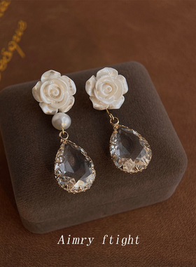 亮眸复古珠光玫瑰玻璃水晶吊坠耳环 女少女气质时尚优雅耳钉耳饰