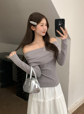 实拍气质一字肩针织t恤女秋长袖设计感修身显瘦露肩锁骨上衣