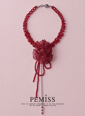 原创设计短款红色超闪尖晶石项链氛围感新年本命年欧根纱锁骨链女