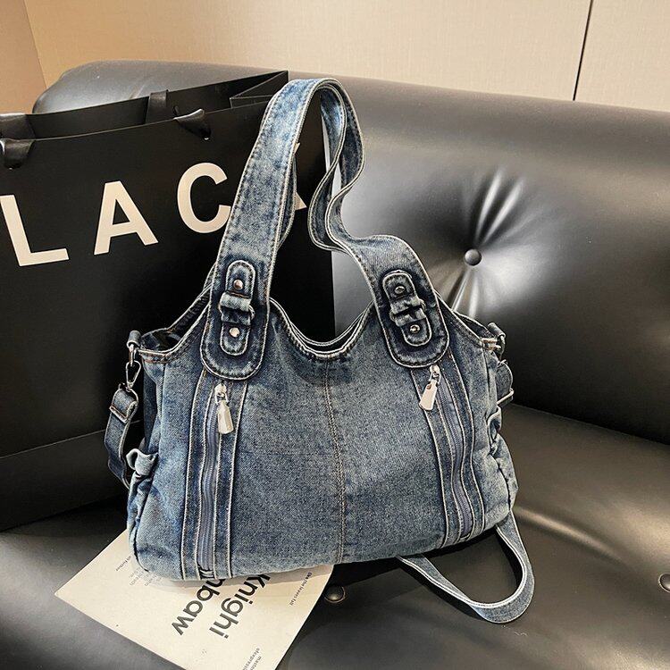 港风轻复古水洗牛仔布托特包2026新款中性慵懒风休闲斜挎单肩大包