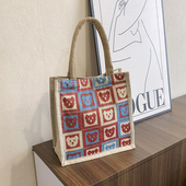 多巴胺小熊手提袋023新款 撞色卡通编织亚麻包ins百搭妈咪包饭盒包