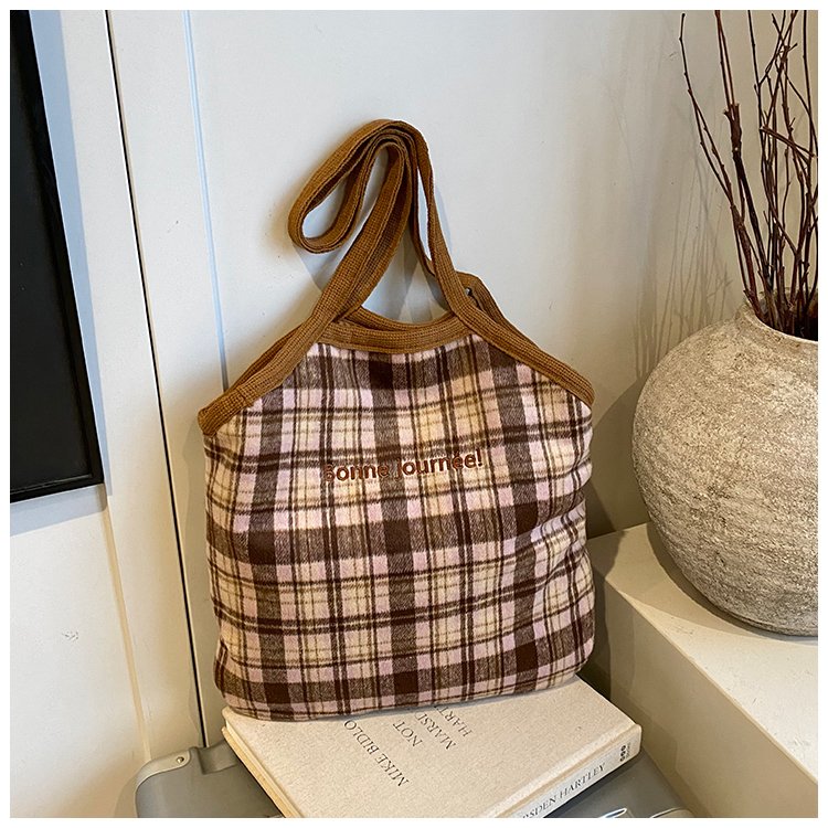 文艺复古格子毛绒双面包2025新款慵懒风大容量敞口购物袋单肩托特