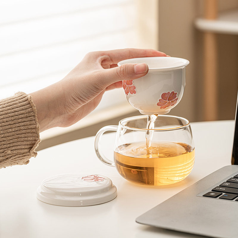 高颜值女士个人专用玻璃樱花杯茶杯茶水分离带盖杯子大容量马克杯