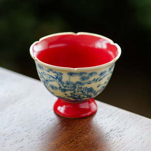 高颜值岁寒三友主人杯单杯陶瓷喝茶杯高足葵口杯功夫茶具品茗杯子