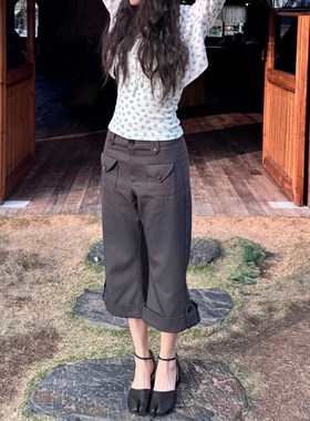 美式复古灰色古早七分裤女夏季低腰设计感好看休闲中裤直筒短裤子