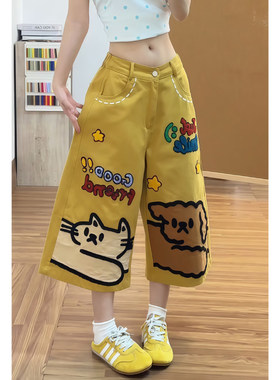 美式复古猫狗刺绣七分牛仔裤女