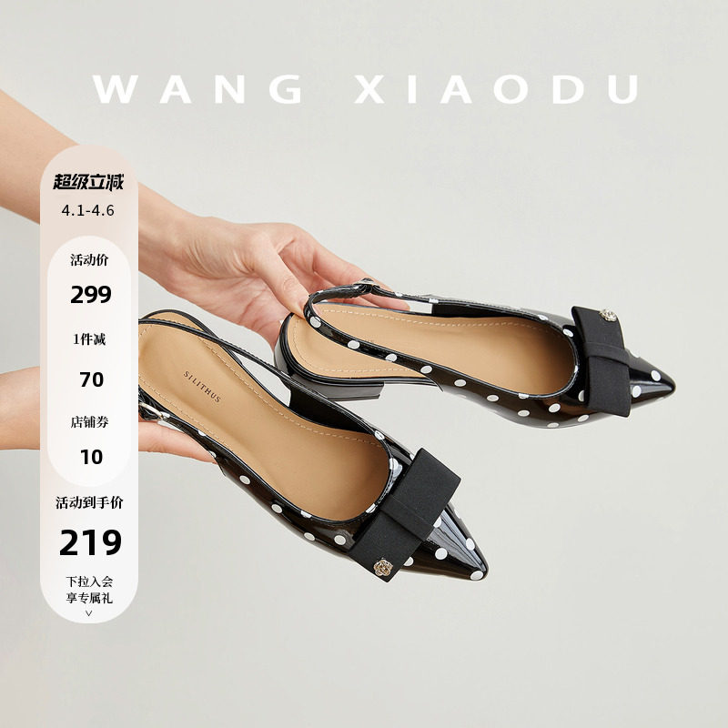 【王小毒】玫瑰波点●尖头后空凉鞋女复古黑白蝴蝶结透气粗跟凉拖