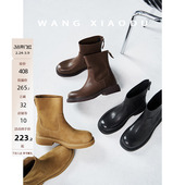 新款 油桐巷子○真皮圆头短靴女冬季 后拉链瘦瘦靴 王小毒