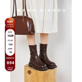趋光号○秋冬新款 王小毒 水洗系列重手工真马皮短靴女粗跟