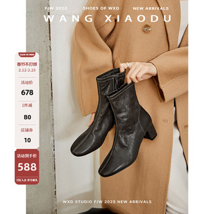 【王小毒】白桦林●真皮瘦瘦靴女方头气质复古头层牛皮短靴女粗跟