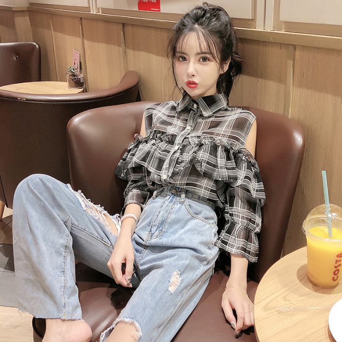 女2019新款露肩格子衬衫+牛仔裤(用3元券)