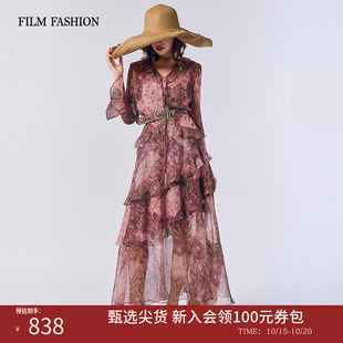 一电影一时装秋季新款连衣裙中长款波西米亚风荷叶边女士(两件套)