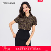 夏季 通勤时尚 新款 衬衫 高级女士上衣 复古格纹翻领短袖 一电影一时装