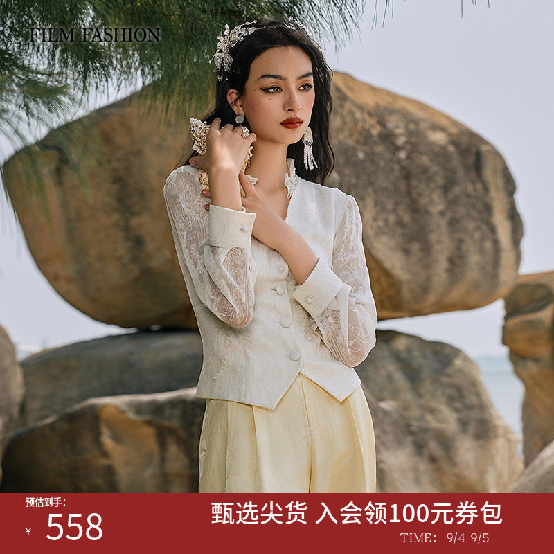 一电影一时装秋季新款桑蚕丝上衣V领蕾丝衬衫长袖显瘦提花女士图片