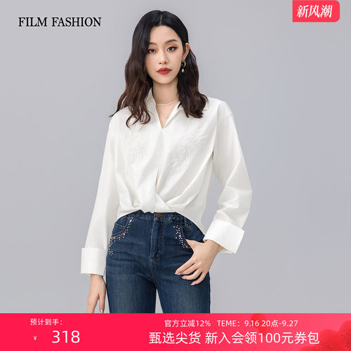 一电影一时装秋季新款特工衬衫上衣钉珠刺绣翻领不规则V领女士