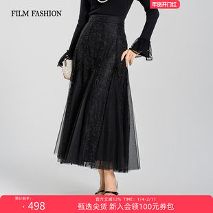 一电影一时装秋季新款网纱半截裙黑色鱼尾裙显瘦裙子气质休闲女士