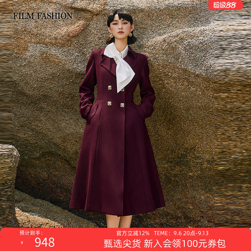 一电影一时装秋季新款连衣裙式外套中长款收腰绵羊毛A字大摆女士图片
