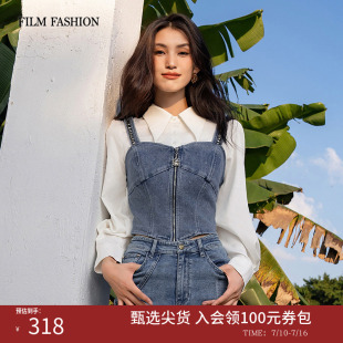 一电影一时装春秋新款假两件牛仔拼接莱赛尔衬衫上衣女款独特