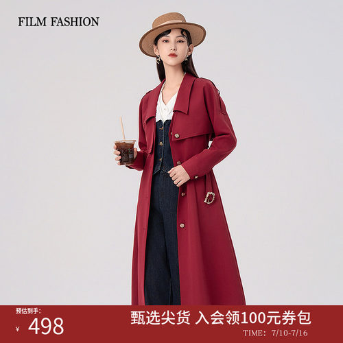 春秋通勤新款红色风衣式外套女士