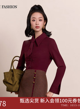 一电影一时装冬季新款复古翻领领带衬衫上衣长袖修身气质打底女士