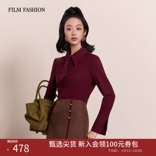 一电影一时装冬季新款复古翻领领带衬衫上衣长袖修身气质打底女士