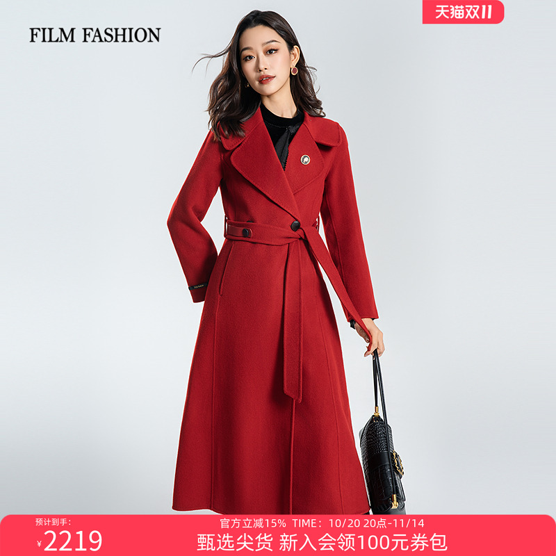 一电影一时装冬季新款中长款双面呢大衣外套100%羊毛女士翻领直筒