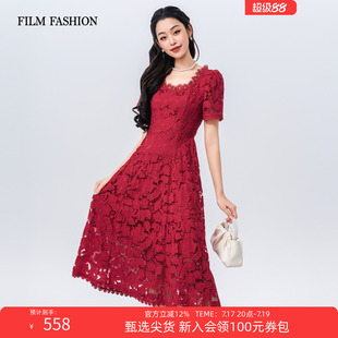 一电影一时装夏季新款短袖连衣裙中长款时尚花边镂空花卉蕾丝女士