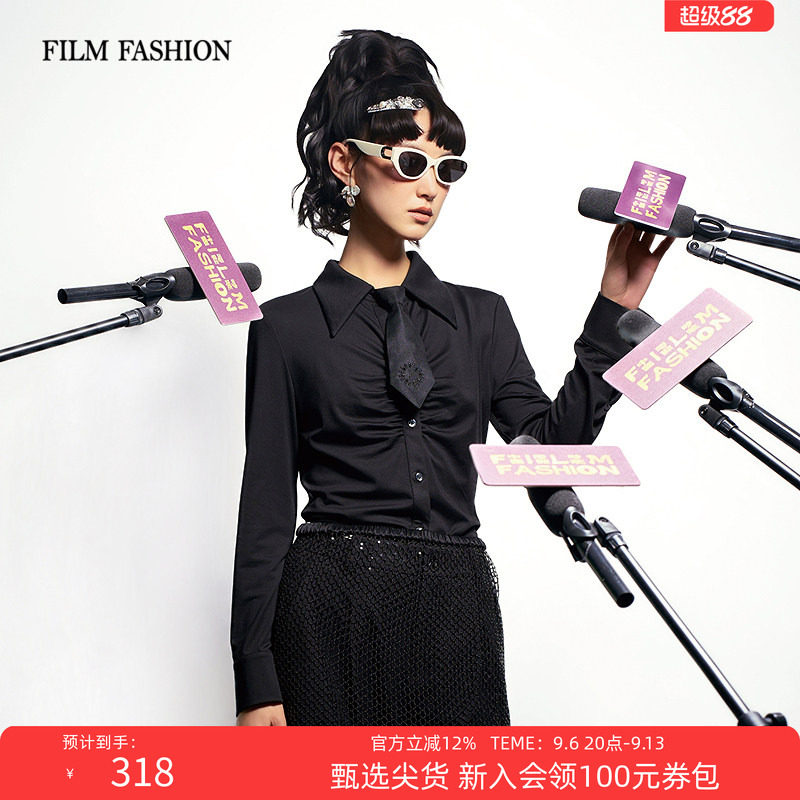 一电影一时装秋季新款针织上衣黑色翻领长袖修身休闲时尚日常女士图片