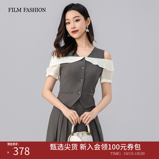 一电影一时装夏季新款衬衫上衣露肩短袖时尚休闲拼接V领纽扣女士