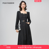 连衣裙女早春穿搭 春秋方领条纹优雅新款 3件8折 一电影一时装