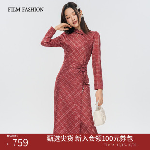 一电影一时装春季新款提花旗袍连衣裙新中式女士格纹绑带中长款