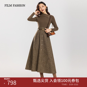 一电影一时装春秋新款复古气质毛织拼接长袖连衣裙A字裙女超好看