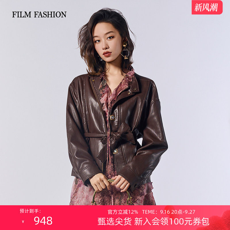 一电影一时装秋季新款复古收腰系带皮衣外套宽松上衣休闲时尚女士图片