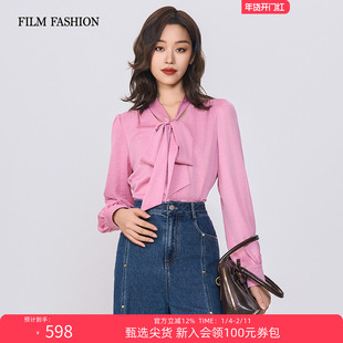 一电影一时装春季新款绑带衬衫上衣纯色醋纤长袖收腰时尚休闲女士