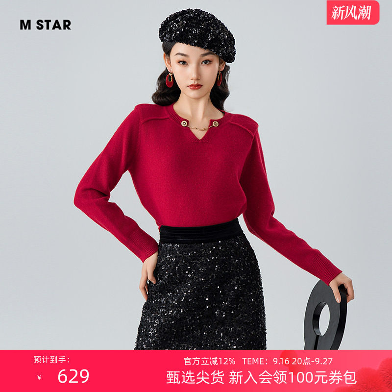 M STAR冬季新款套头毛织羊毛衫上衣红色长袖V领修身女士针织好看图片