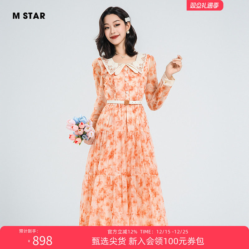 M STAR夏季新款法式浪漫度假气质花料娃娃领连衣裙长裙女今年流行