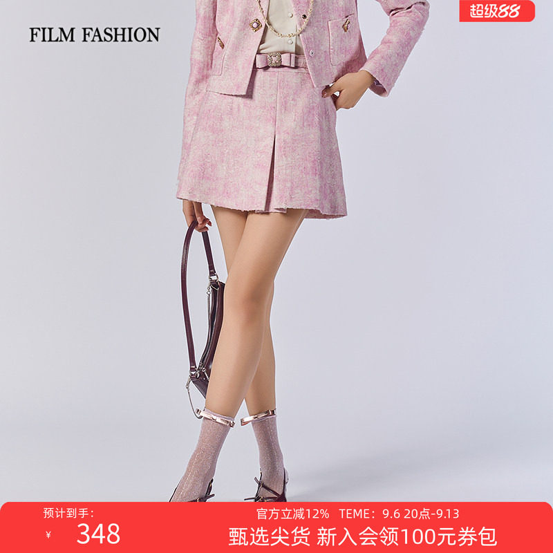 一电影一时装秋季新款小香风高腰粗花呢短裙高腰压褶小个子女士图片