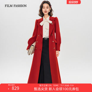 一电影一时装冬季复古红色羊毛双面呢毛呢大衣外套中长款气质女士