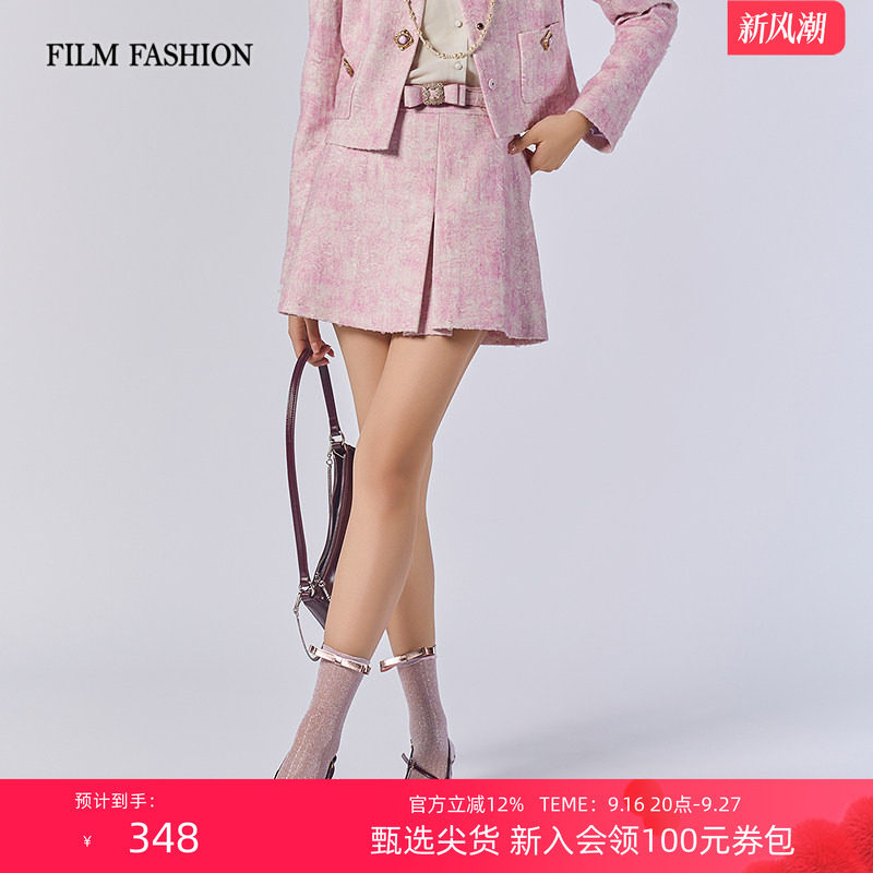 一电影一时装秋季新款小香风高腰粗花呢短裙高腰压褶小个子女士图片