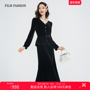 黑色丝绒v领长袖 新款 连衣裙女气质气质显瘦 2025秋季 一电影一时装