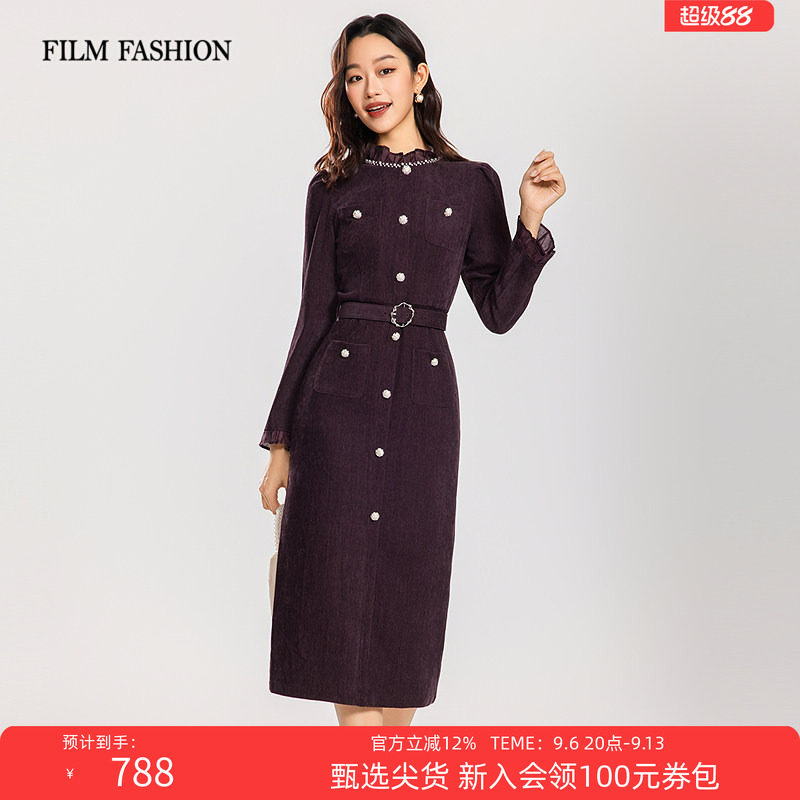 一电影一时装冬季新款复古优雅酒红色长袖丝绒连衣裙女端庄