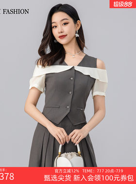 一电影一时装夏季新款衬衫上衣露肩短袖时尚休闲拼接V领纽扣女士