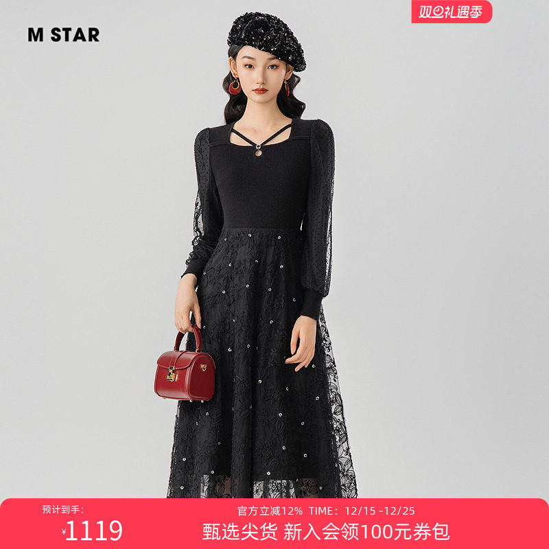 M STAR冬季新款蕾丝连衣裙女士气质流行好看气质风格法式海边今年